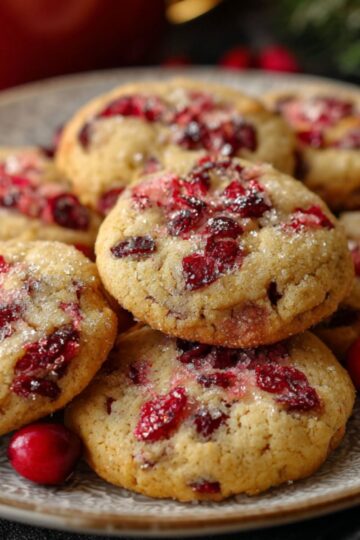 Best Cranberry Cookies Recipe 2 cranberry cookies A beautifully arranged plate of cranberry cookies, with the bright red berries standing out against the golden cookie base, making a festive and inviting dessert.