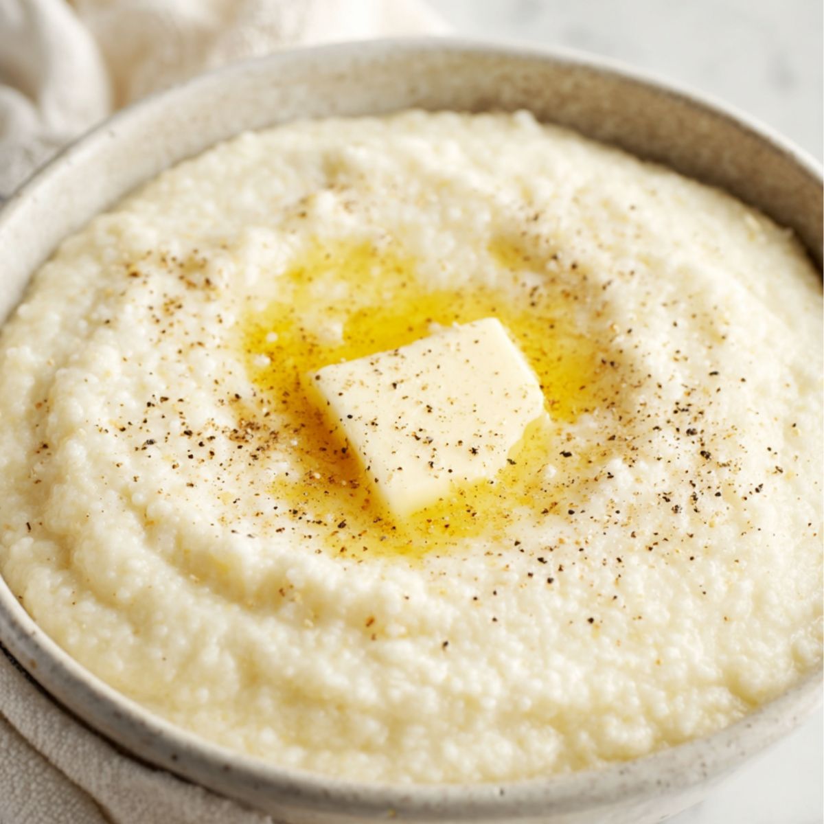 creamy grits A bowl of creamy grits served with a pat of melting butter on top, sprinkled with black pepper, highlighting a ready-to-eat breakfast presentation.