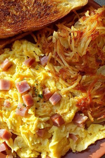 Delicious Crispy Hash Browns Recipe 1 crispy hash browns A plate of scrambled eggs with diced ham, served with crispy hash browns and a slice of toasted bread.