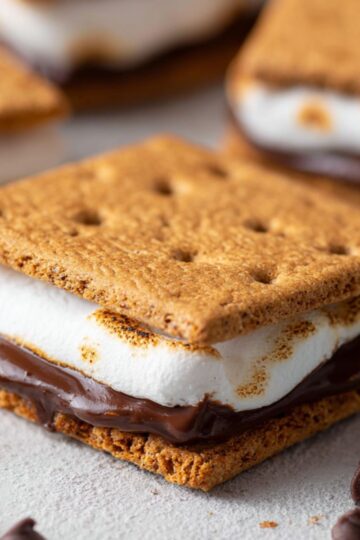 The Best frozen s'mores Recipe 1 frozen s'mores Layers of graham cracker, chocolate, and toasted marshmallow, with chocolate chips scattered nearby.