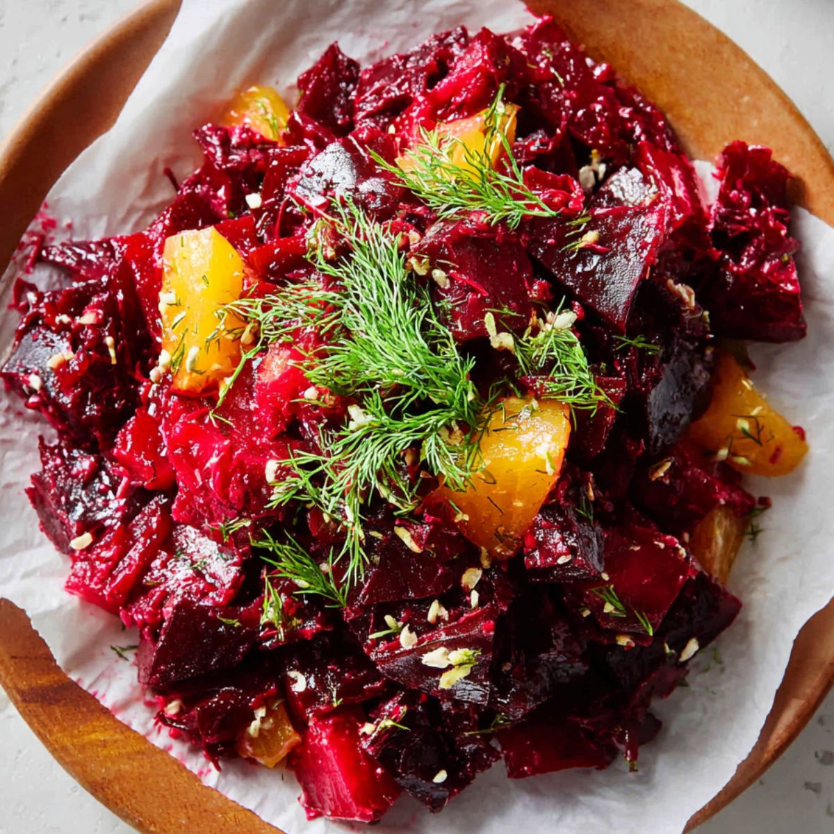 Delicious Grated Beet Salad Recipe 9 grated beet salad The finished beet salad placed on a plate lined with parchment paper, garnished with a sprig of dill. The salad looks vibrant and ready to serve.
