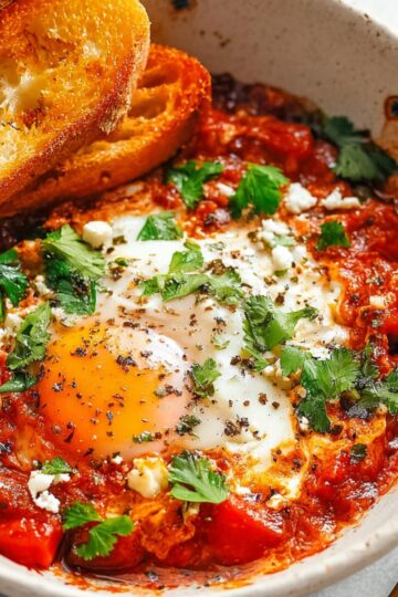 Easy Homemade Shakshuka Recipe 2 Finished shakshuka served in a bowl with a poached egg on top, garnished with fresh herbs and accompanied by toasted bread.