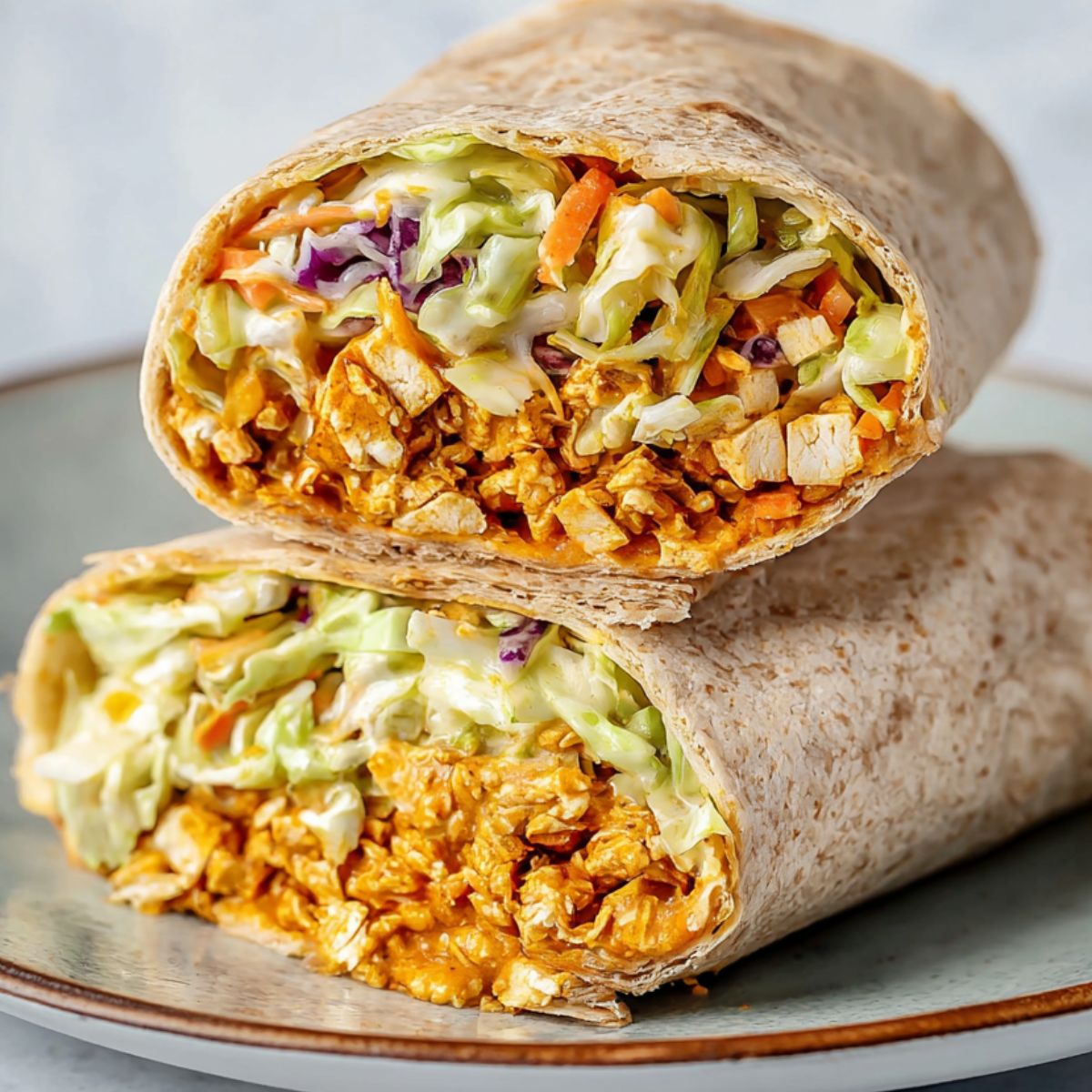 Healthy Shredded Tofu Wraps Recipe 9 shredded tofu wraps Two buffalo tofu wraps cut in half and stacked, showing shredded buffalo tofu and slaw tightly rolled inside whole wheat tortillas on a plate.