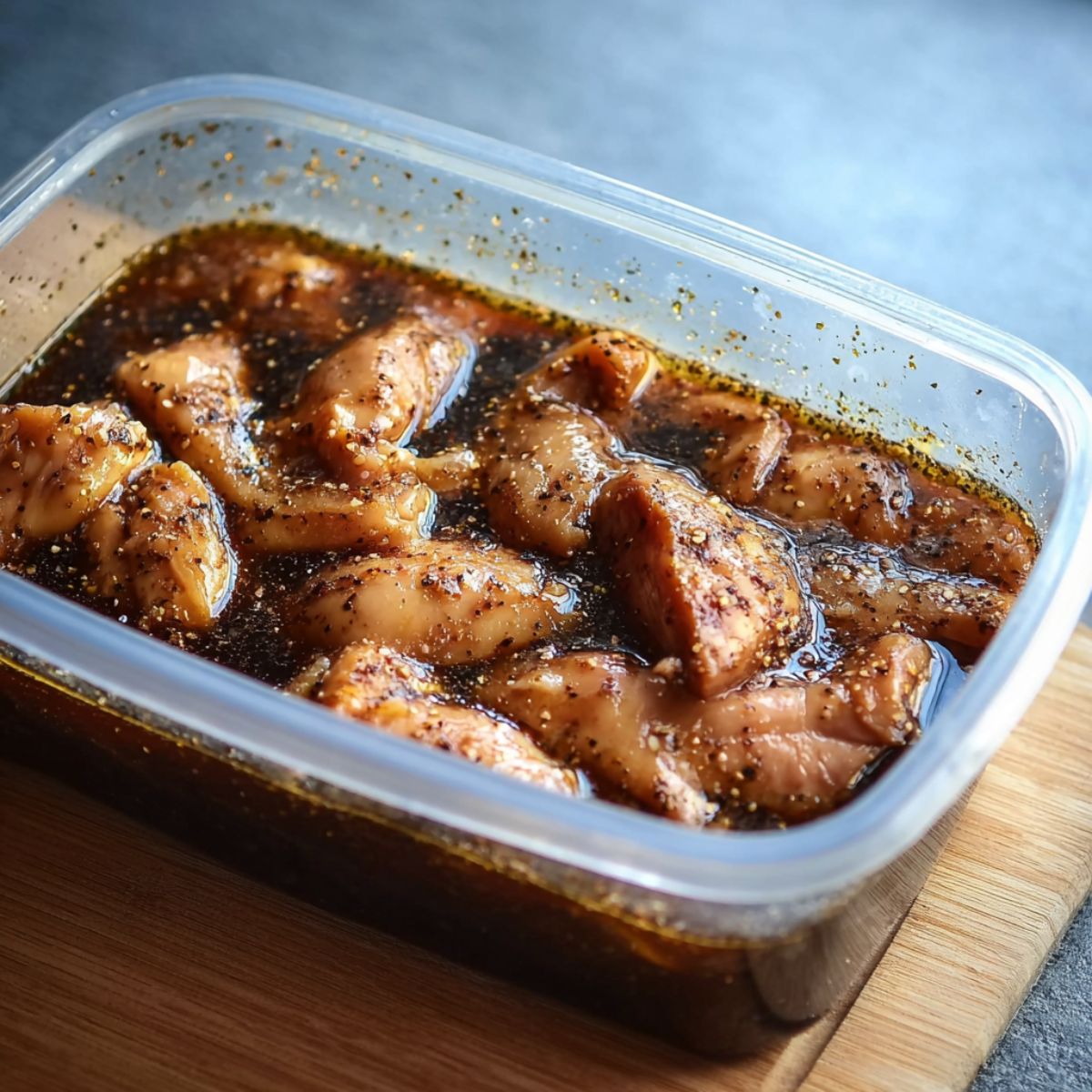 Best Balsamic Chicken Thighs Recipe 11 A rectangular plastic container with raw chicken pieces submerged in dark balsamic marinade, ready to bake, close-up view showing glossy marinade with herbs and seasonings.