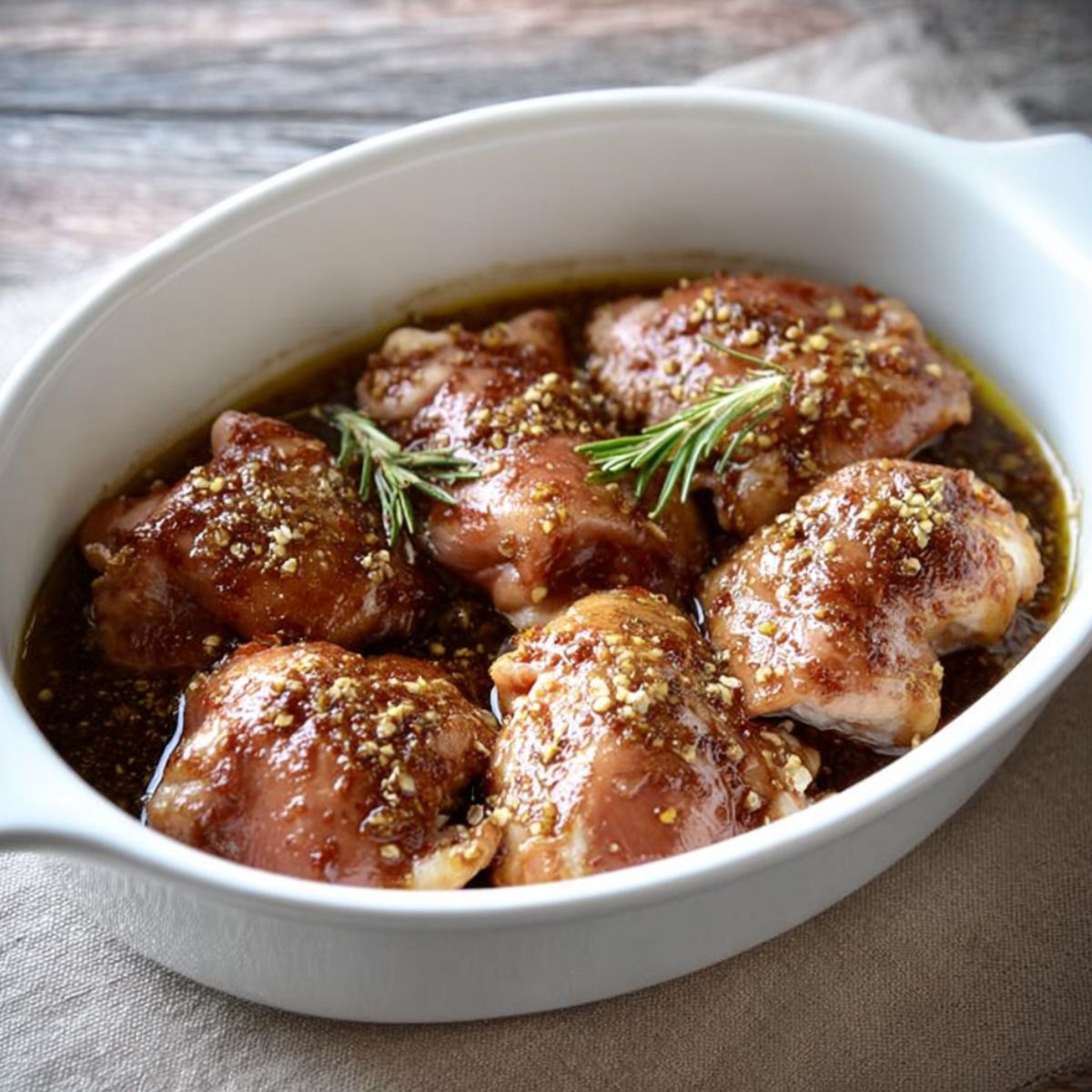 Best Balsamic Chicken Thighs Recipe 12 A white oval baking dish with baked balsamic-marinated chicken thighs, golden-brown and glazed, garnished with fresh rosemary sprigs, juicy and tender, sitting on a rustic wooden surface, close-up