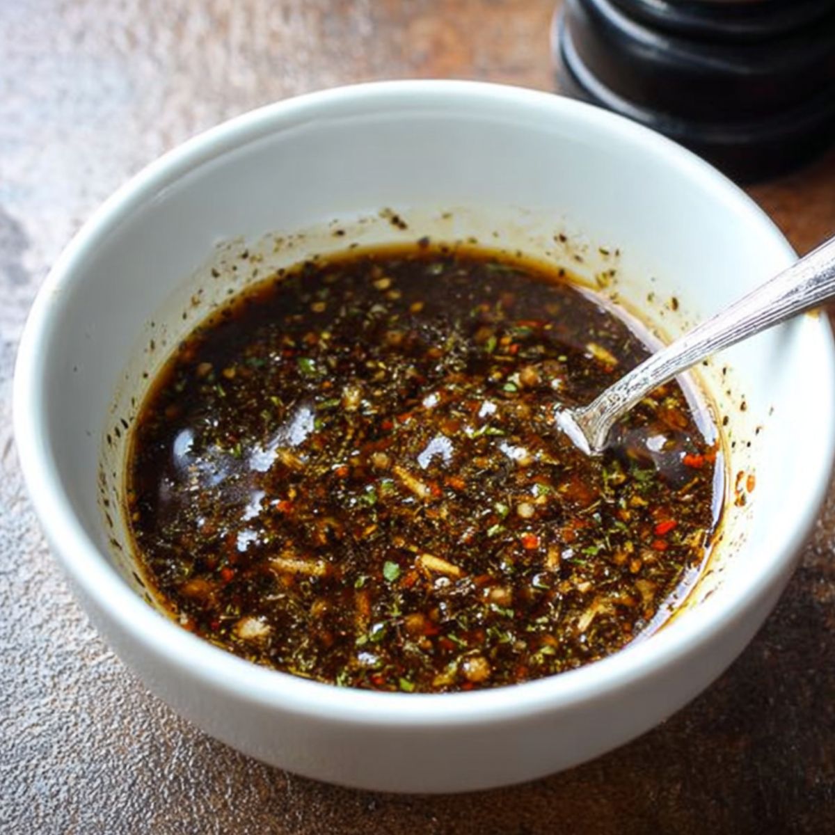 Best Balsamic Chicken Thighs Recipe 10 A white bowl containing dark balsamic marinade with minced garlic, herbs, and spices, a spoon resting inside, ready for marinating chicken, overhead close-up view.