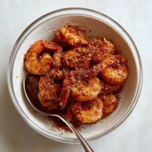 Healthy Blackened Shrimp Pasta Recipe 15 A bowl of peeled shrimp coated in red and brown spices, with a spoon inside the bowl.