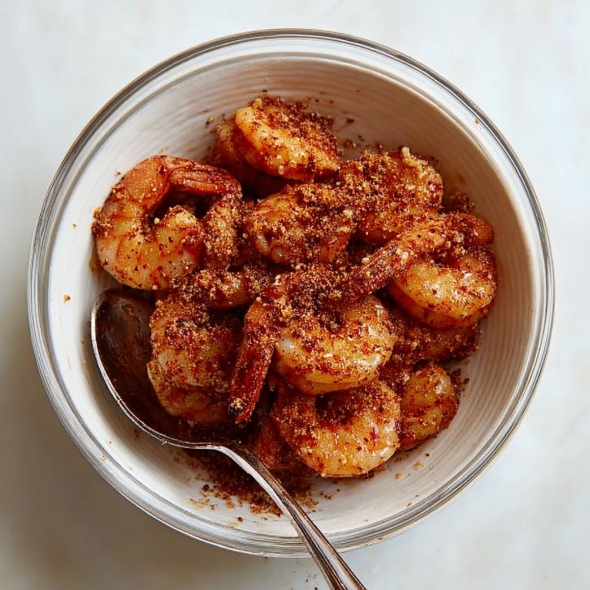 Healthy Blackened Shrimp Pasta Recipe 10 A bowl of peeled shrimp coated in red and brown spices, with a spoon inside the bowl.
