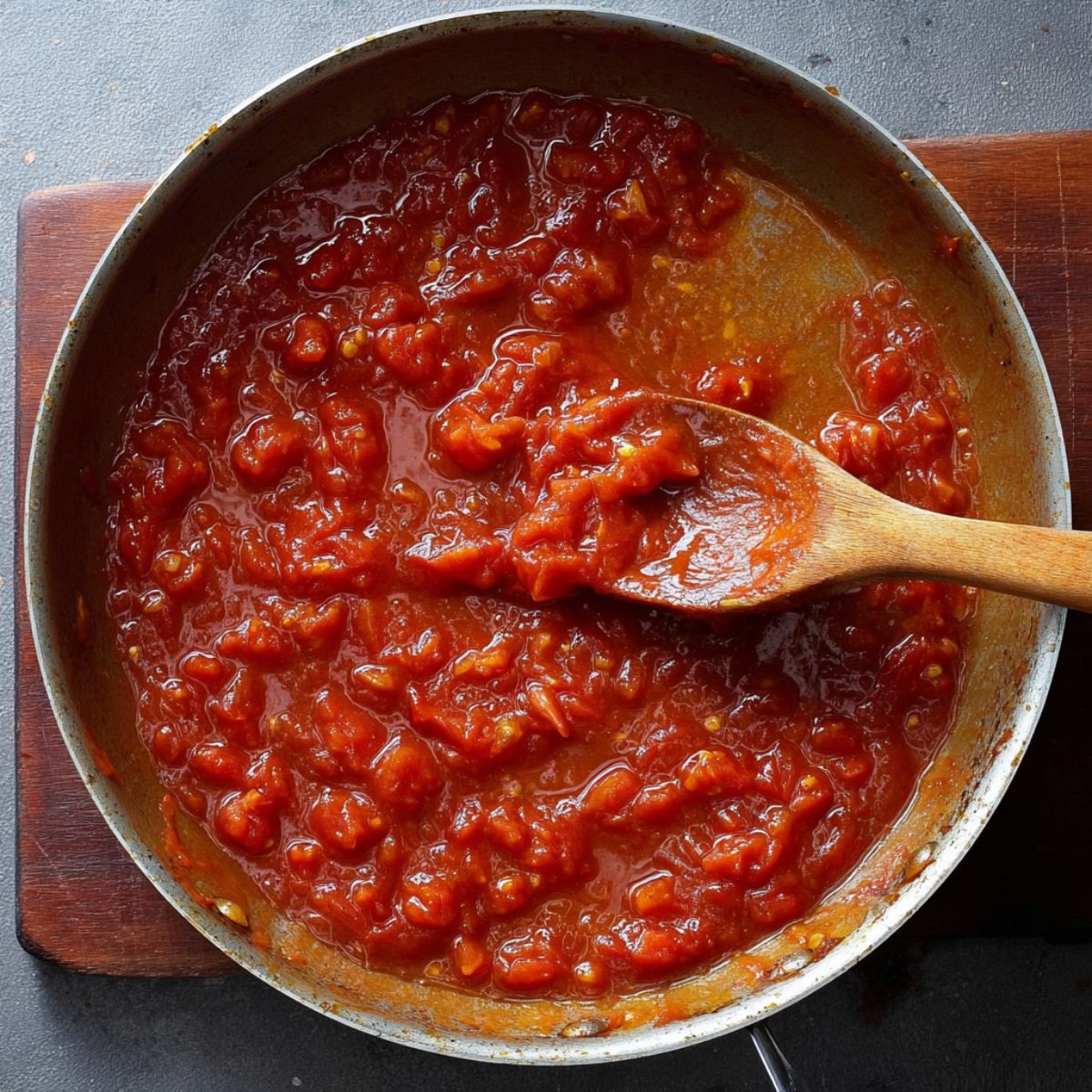 Healthy Blackened Shrimp Pasta Recipe 11 A pan containing a thick tomato sauce with small chunks of tomatoes, being stirred with a wooden spoon.