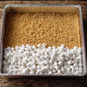 Healthy Butterfinger Caramel Crunch Bars Recipe 16 Mini marshmallows are evenly spread over the crumb crust.
