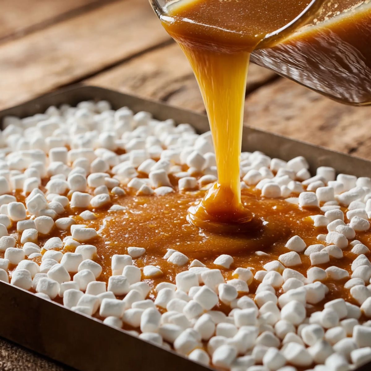 Healthy Butterfinger Caramel Crunch Bars Recipe 12 Warm caramel sauce is poured over the marshmallows and crust, coating everything.