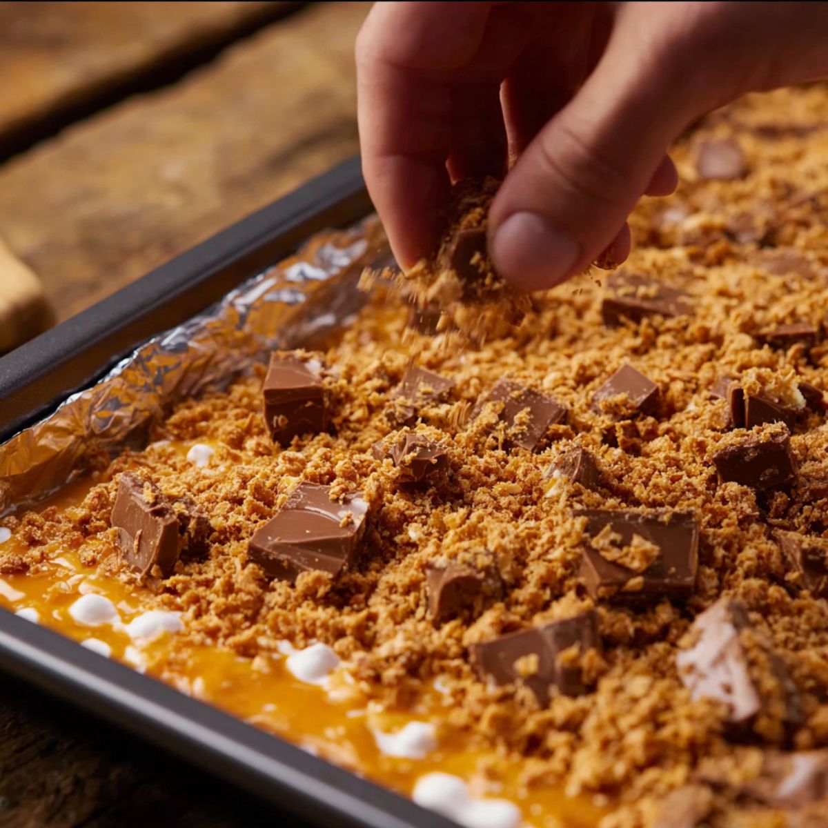 Healthy Butterfinger Caramel Crunch Bars Recipe 13 Chopped chocolate and crushed Butterfinger (or similar) candy pieces are sprinkled on top to finish the bar before it sets.