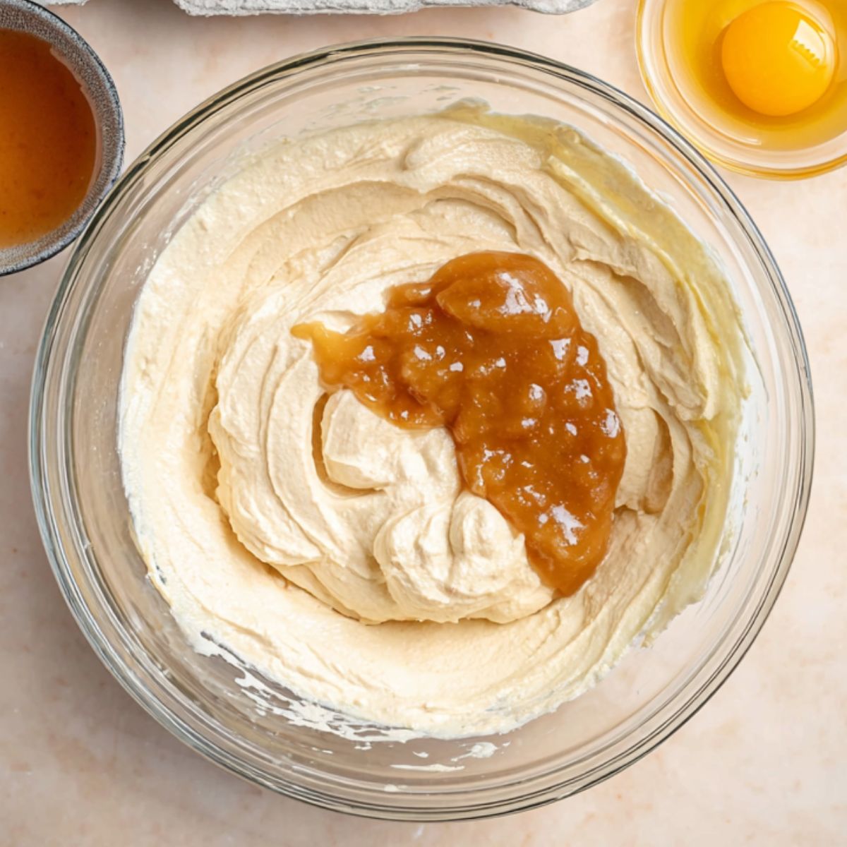 The Best Caramel Apple Cheesecake Recipe 12 "Top-down view of a glass mixing bowl with creamy cheesecake batter, including yogurt, applesauce, and caramel, next to a small bowl with an egg and a tray of eggs, ready for mixing."