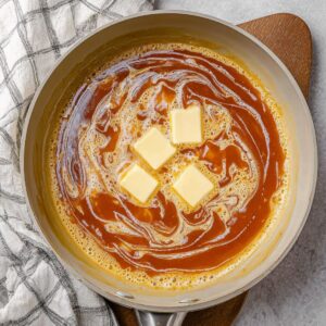 The Best Caramel Apple Cheesecake Recipe 15 "Top view of a skillet with melting butter in golden caramel sauce, being prepared for drizzling over caramel apple cheesecake, with a checkered kitchen towel at the side.