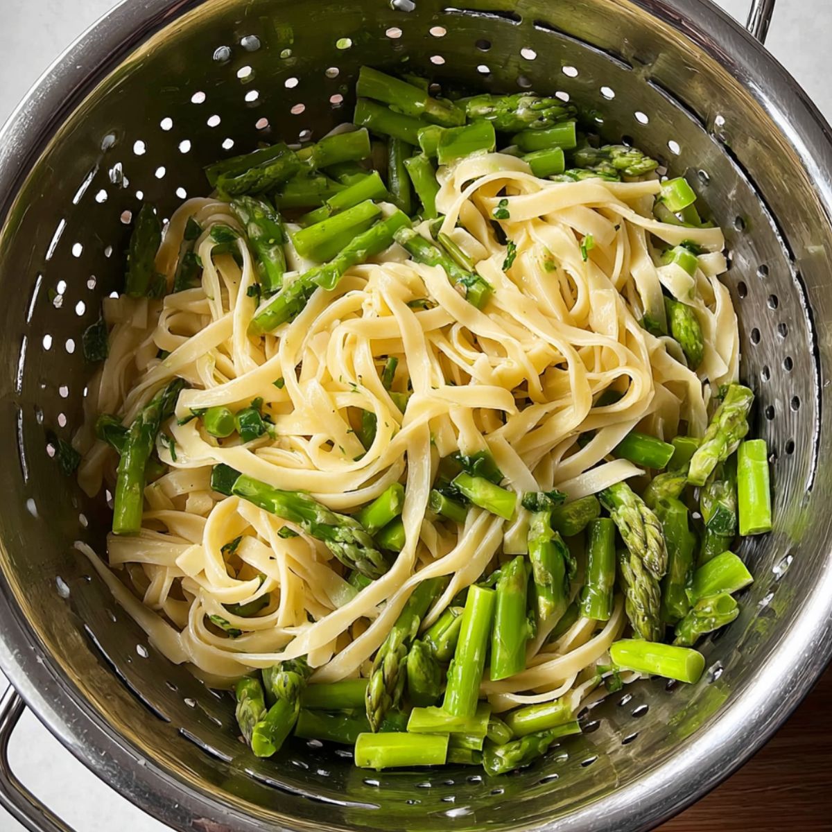 Healthy Chicken Asparagus Pasta Recipe 10 A colander filled with cooked fettuccine pasta and chopped green asparagus pieces, ready to be combined with other ingredients.