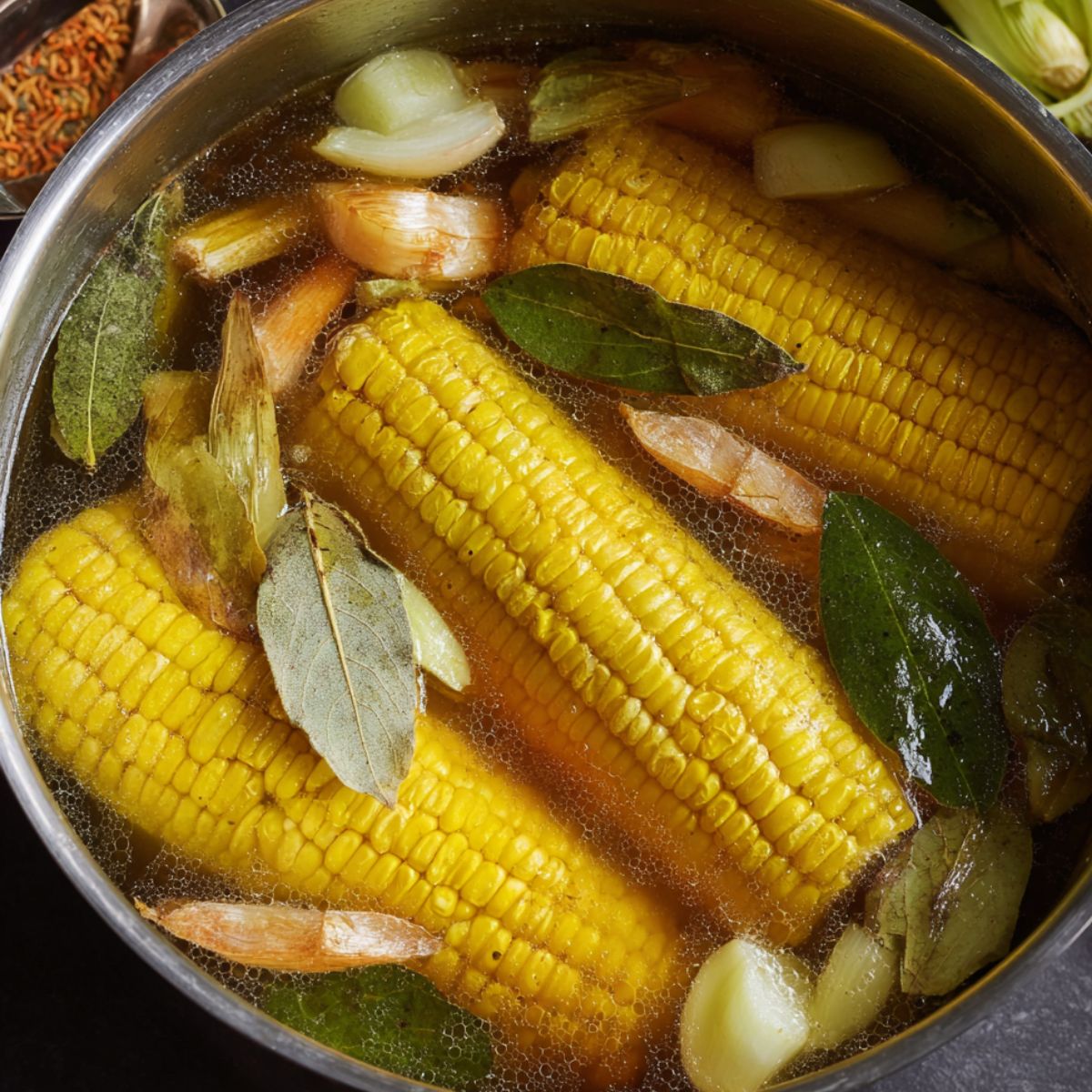 Best Chicken Broth Recipe 11 Corn cobs simmering in a pot with broth and seasonings like bay leaves, garlic, and spices.