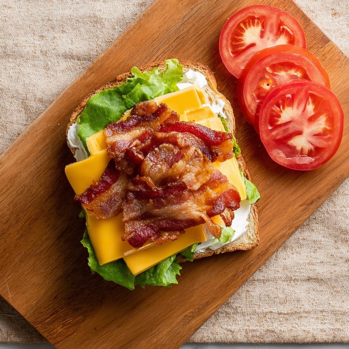Easy Chicken Club Sandwich Recipe 12 Open-faced Chicken Club Sandwich on a wooden board, topped with crispy bacon, cheddar cheese, lettuce, and sliced tomato, close-up, natural lighting, preparing ingredients for assembly.