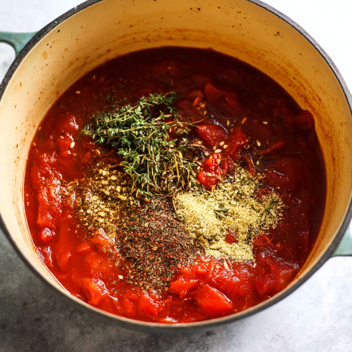 Easy Chicken Parmesan with Spaghetti Recipe 12 A pot of tomato sauce with herbs and seasonings added on top, ready to be stirred for a homemade marinara sauce.