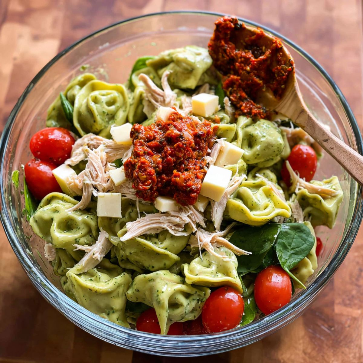 Best Chicken Tortellini Salad Recipe 11 Glass bowl of green spinach tortellini pasta salad with shredded chicken, cherry tomatoes, cubed cheese, and a spoonful of red pesto on top