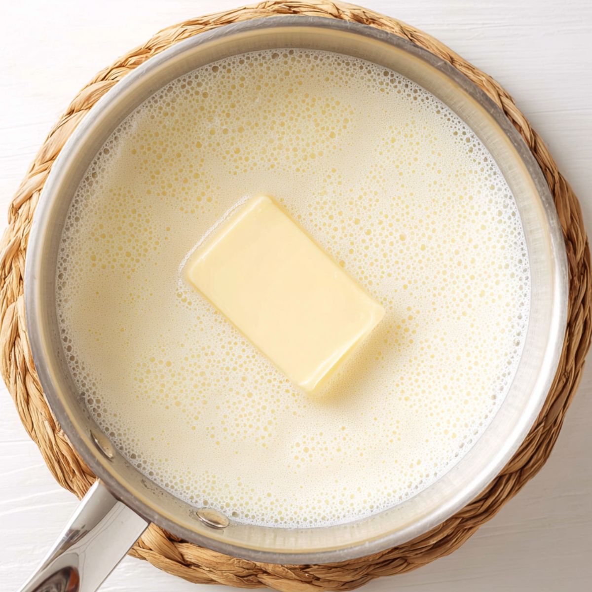 Healthy Chocolate Hot Cross Buns Recipe 10 A saucepan with milk and a pat of butter, showing ingredients being heated together.