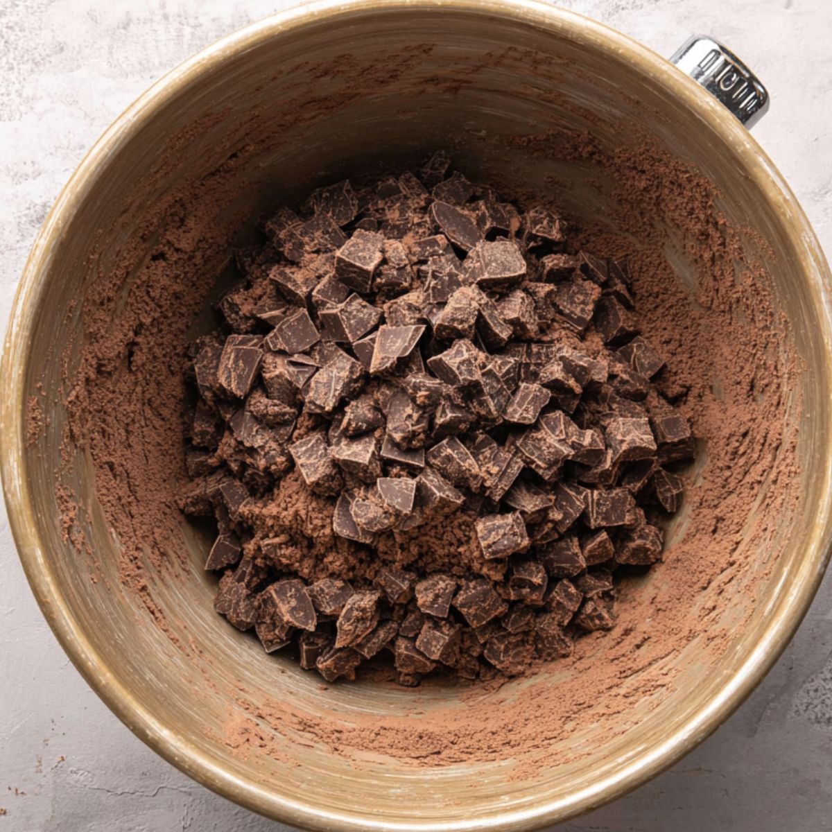 Healthy Chocolate Hot Cross Buns Recipe 11 A mixing bowl filled with chocolate dough and chocolate chunks, ready to be kneaded or folded in.