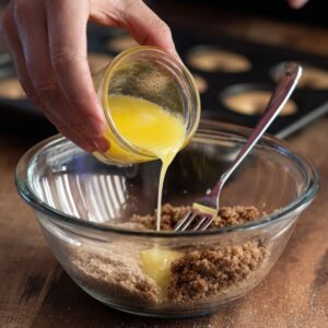 Close-up of a hand pouring melted butter into a glass bowl with cinnamon streusel mixture, a fork ready for mixing. Dark wood countertop and a partially visible donut pan with unbaked coffee cake donuts are in the background. Natural, warm kitchen lighting highlights the ingredients and hands-on baking process, perfect for recipe tutorials, step-by-step baking blogs, or Pinterest posts.