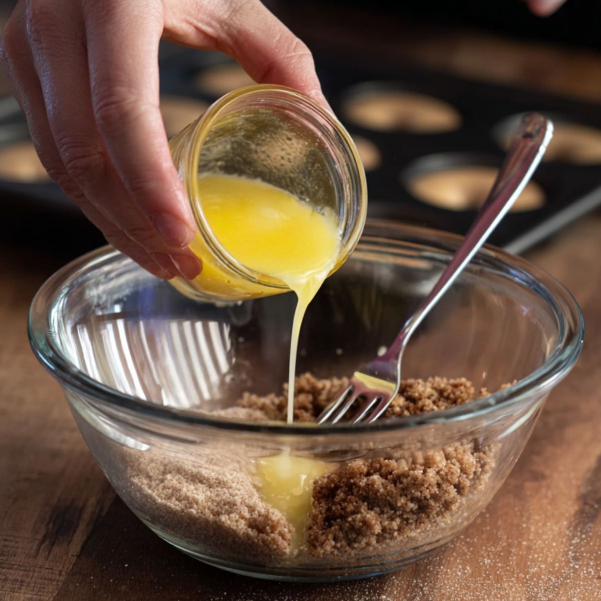 Healthy Coffee Cake Donuts Recipe 12 Close-up of a hand pouring melted butter into a glass bowl with cinnamon streusel mixture, a fork ready for mixing. Dark wood countertop and a partially visible donut pan with unbaked coffee cake donuts are in the background. Natural, warm kitchen lighting highlights the ingredients and hands-on baking process, perfect for recipe tutorials, step-by-step baking blogs, or Pinterest posts.