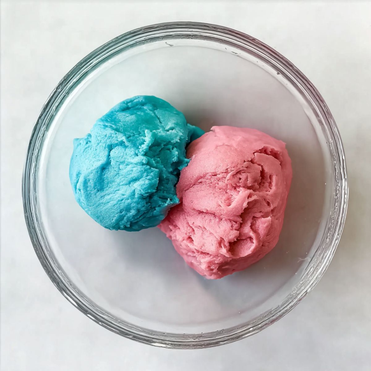 Easy Cotton Candy Cookies Recipe 11 Overhead view of two balls of cookie dough in a clear bowl. One dough ball is bright blue, and the other is pink, showing that the dough has been colored for a fun, vibrant cookie.