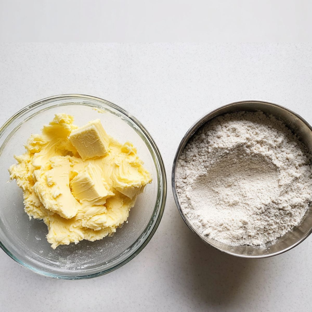 Easy Cotton Candy Cookies Recipe 10 Overhead view of two glass bowls on a white surface. One bowl contains creamed butter and sugar, and the other bowl contains flour, ready to be combined for cookie dough.