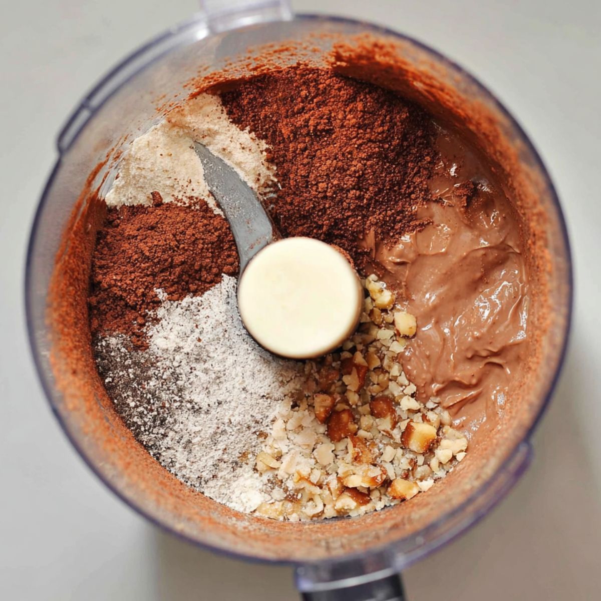 The Best Date Brownies Recipe 12 Brownie ingredients in a food processor before blending, including cocoa powder, nuts, flour, and a chocolate mixture.