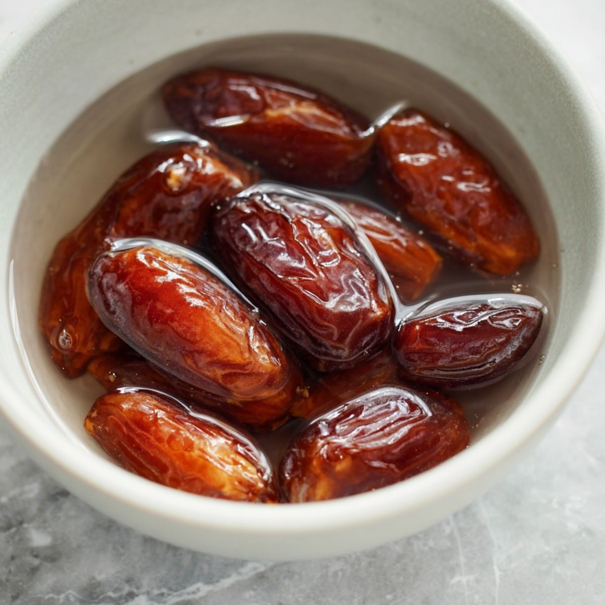 The Best Date Brownies Recipe 10 Medjool dates soaking in water in a white bowl before blending.