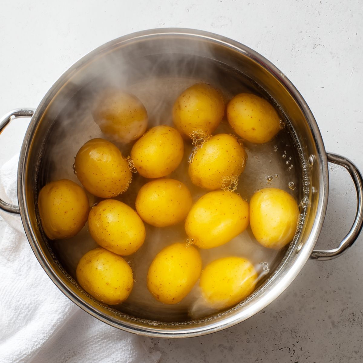 Healthy Deviled Potatoes Recipe 10 Pot of small whole yellow potatoes being boiled in water, with steam rising, showing the first step in preparing deviled potatoes