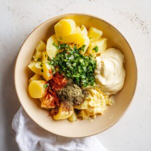 Close-up of a bowl containing chopped boiled potatoes, mayonnaise, mashed egg yolks, paprika, black pepper, and chopped parsley, showing the preparation stage for deviled potatoes.