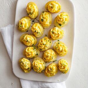 Top-down view of a white platter filled with small deviled potatoes, each halved and piped with creamy yellow potato filling, garnished with finely chopped green herbs.