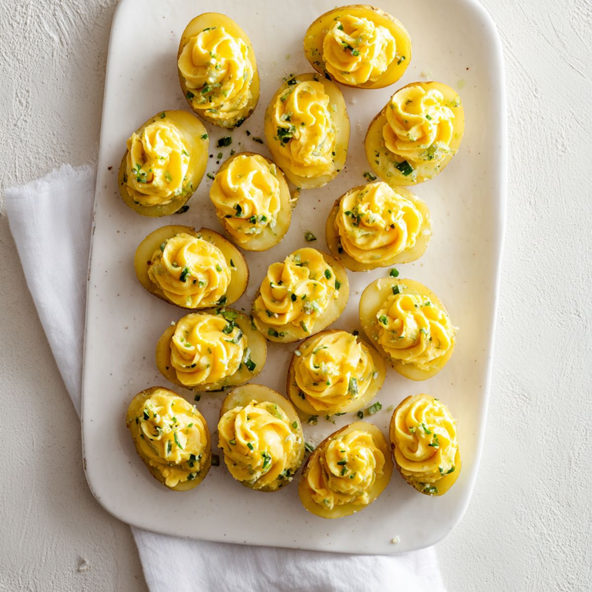 Healthy Deviled Potatoes Recipe 13 Top-down view of a white platter filled with small deviled potatoes, each halved and piped with creamy yellow potato filling, garnished with finely chopped green herbs.