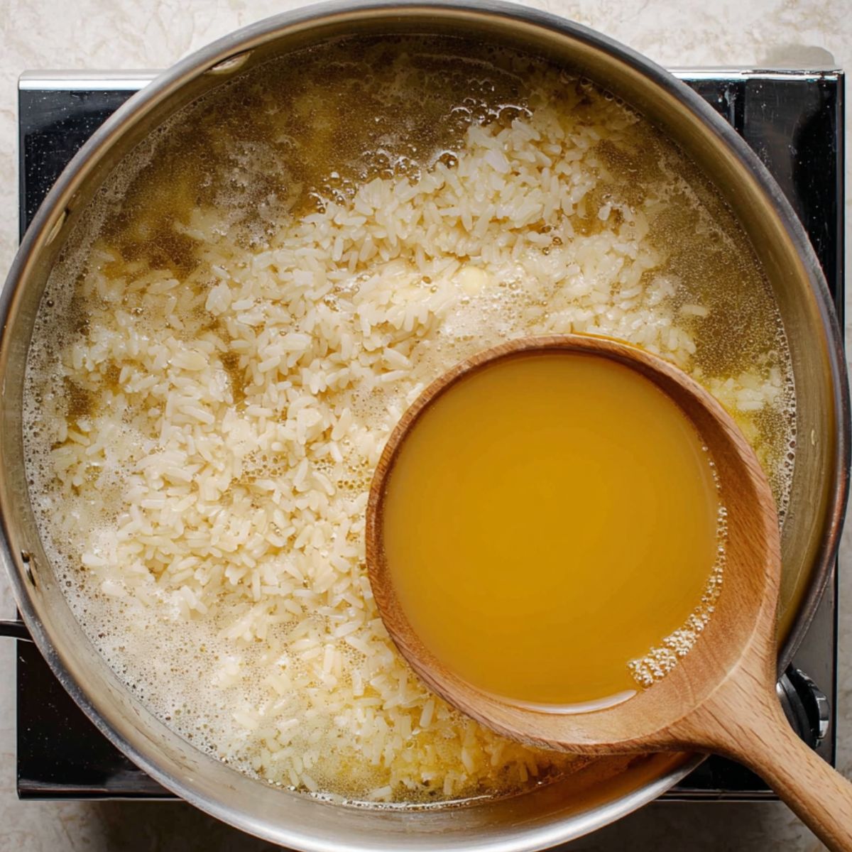 Healthy Garlic Butter Rice Recipe 12 Rice being cooked with butter and broth.