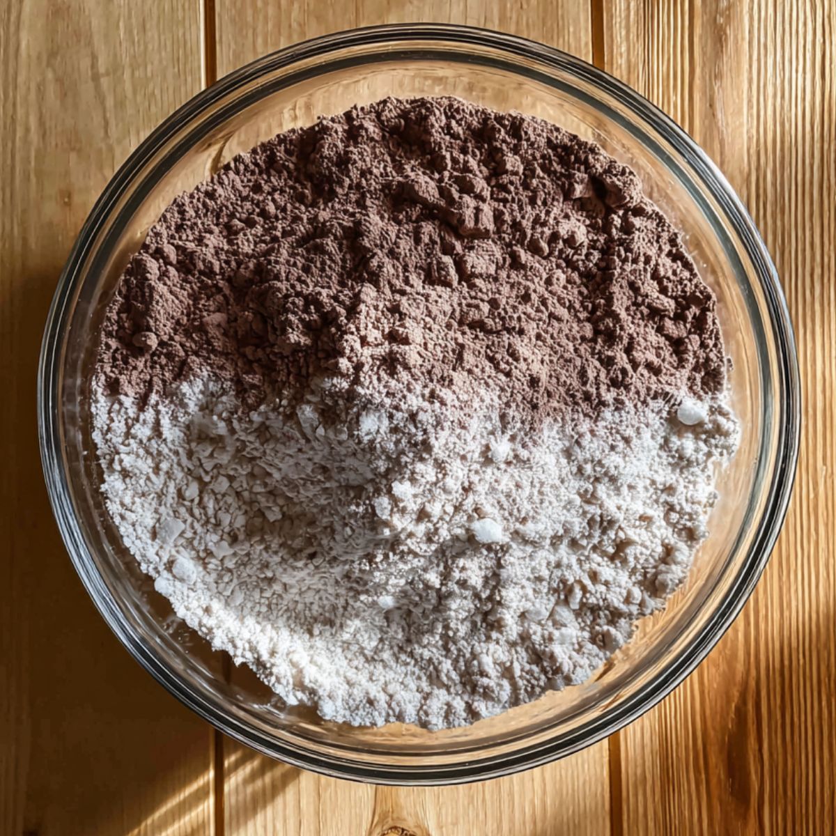 The Best German Chocolate Sheet Cake 10 A clear bowl containing dry ingredients like cocoa powder, flour, and sugar, prepared to mix with wet ingredients.