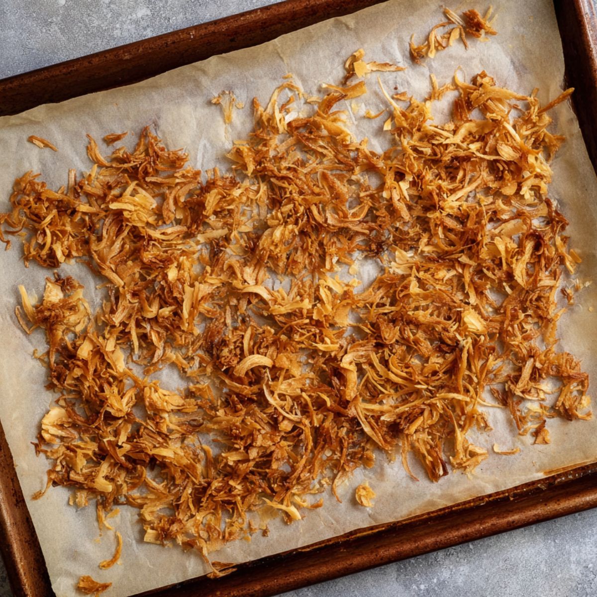 Best Ginger Miso Brothy Soup Recipe 10 A baking tray lined with parchment paper, scattered with golden-brown crispy shredded ingredients, likely used as a topping for the soup. The pieces are irregular in size, showing a crunchy texture.