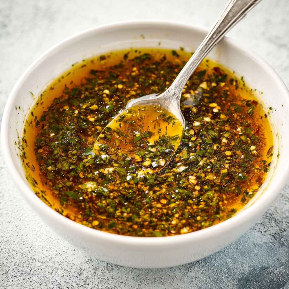 Healthy Greek Marinated Chicken Recipe 10 "A white bowl filled with a herb and garlic Greek-style marinade, with a spoon resting inside."