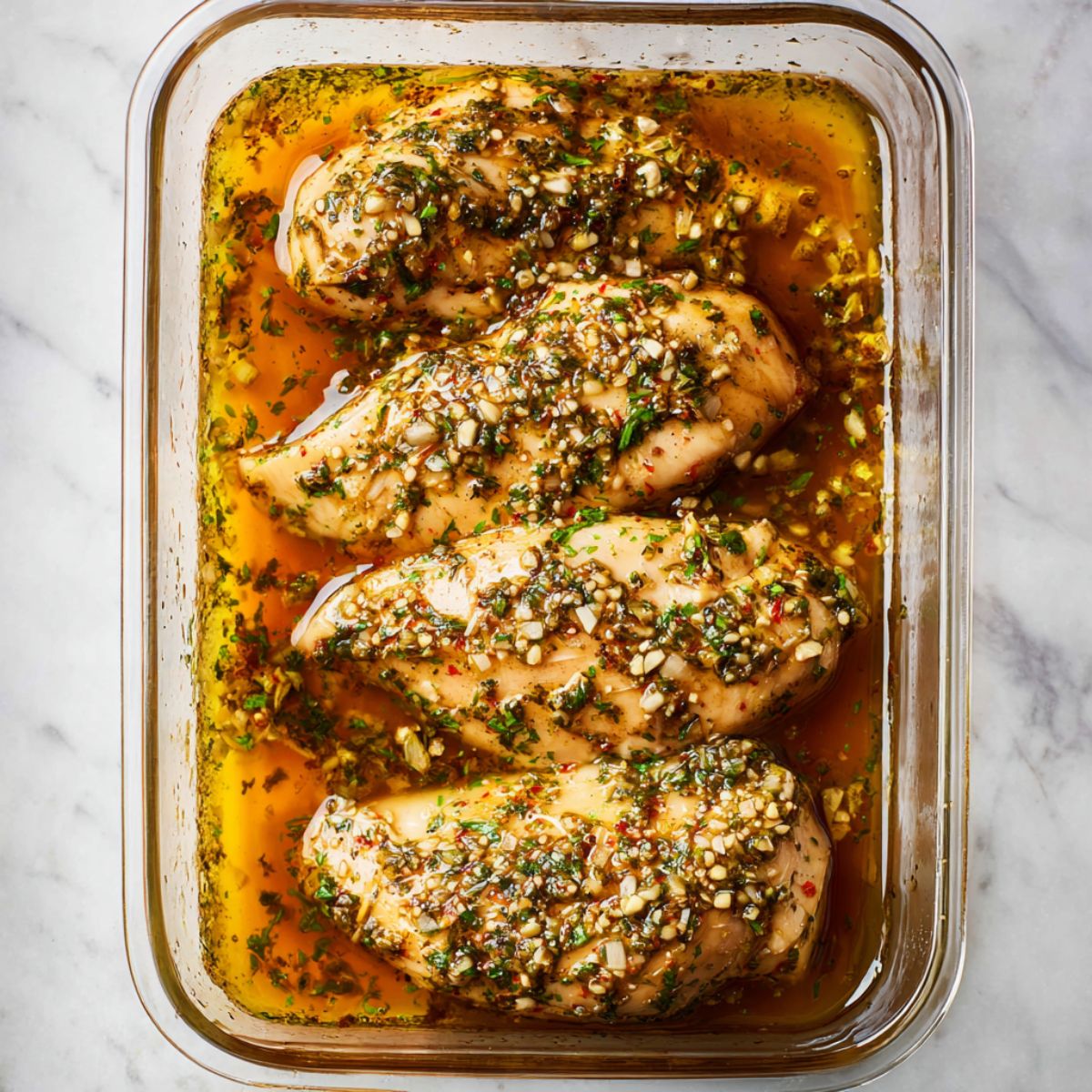 Healthy Greek Marinated Chicken Recipe 12 "Several chicken breasts fully submerged in a Greek-style herb and garlic marinade inside a glass baking dish.