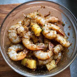 Easy Grilled Pineapple Shrimp Skewers 14 Shrimp marinating in a bowl with seasoning before being threaded onto skewers with pineapple.