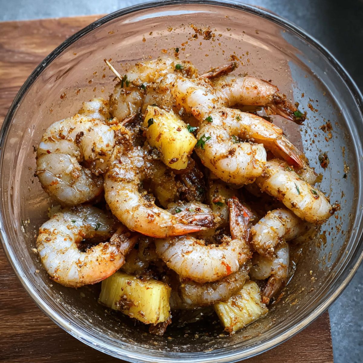 Easy Grilled Pineapple Shrimp Skewers 10 Shrimp marinating in a bowl with seasoning before being threaded onto skewers with pineapple.