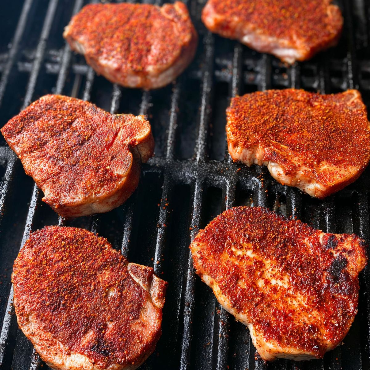 Easy Grilled Spiced Pork Chops Recipe 12 Six pork chops on a grill, each coated in a reddish spice rub, cooking over black grill grates, beginning to sear with some dark grill marks forming.