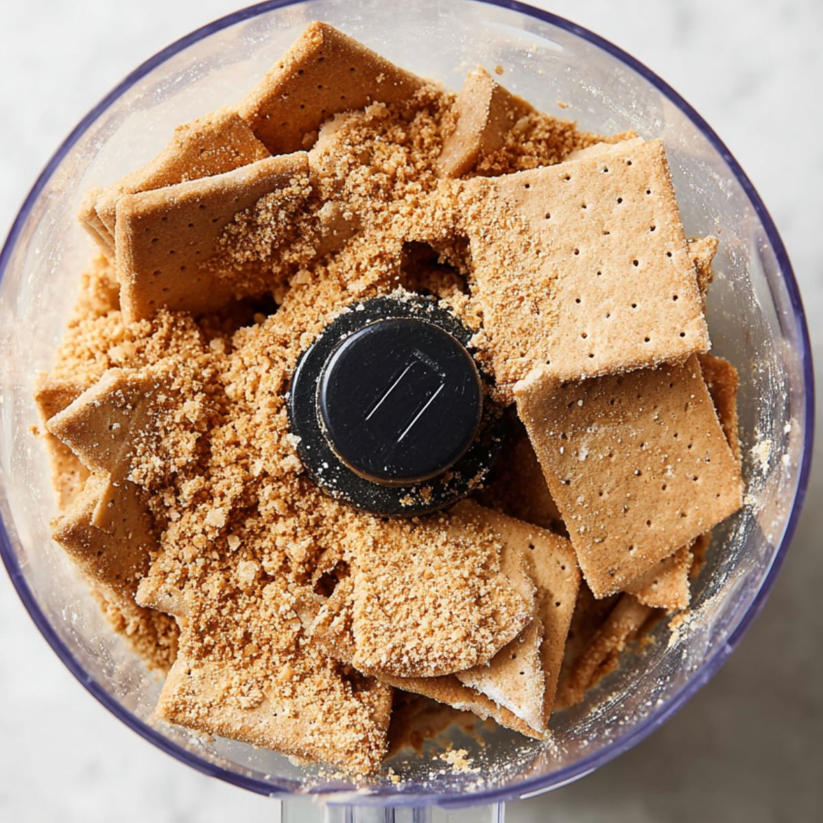 Healthy Key Lime Pie Bars Recipe 10 Several broken graham crackers inside a clear food processor bowl. The crackers are ready to be pulsed into fine crumbs for the pie crust. The background is a light countertop, giving focus to the crackers.