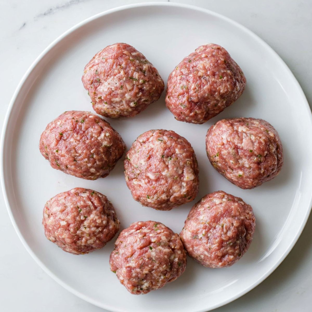 Best Homemade Kotleti Recipe 11 A white plate holding uncooked meatballs, evenly spaced, showing the texture of the ground meat mixture.