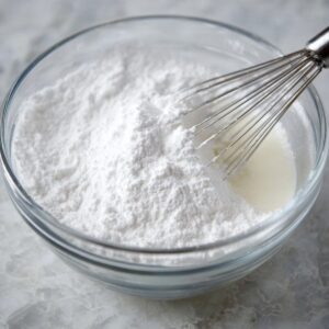 Healthy Lemon Buttermilk Cake Recipe 17 A clear glass bowl with powdered sugar and liquid, with a whisk, ready to be mixed into frosting or glaze.