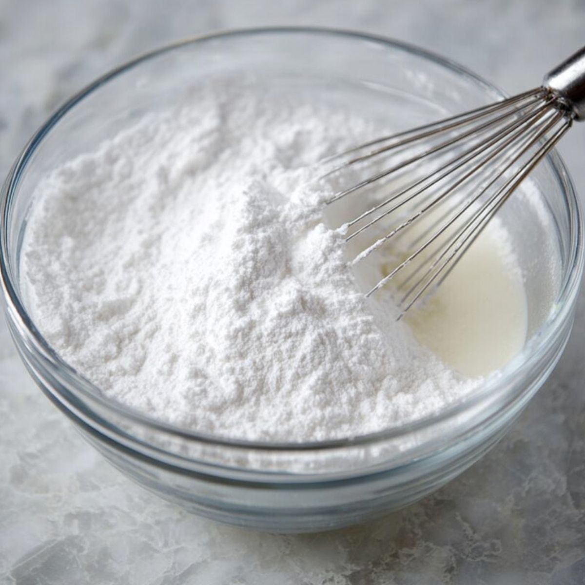 Healthy Lemon Buttermilk Cake Recipe 12 A clear glass bowl with powdered sugar and liquid, with a whisk, ready to be mixed into frosting or glaze.