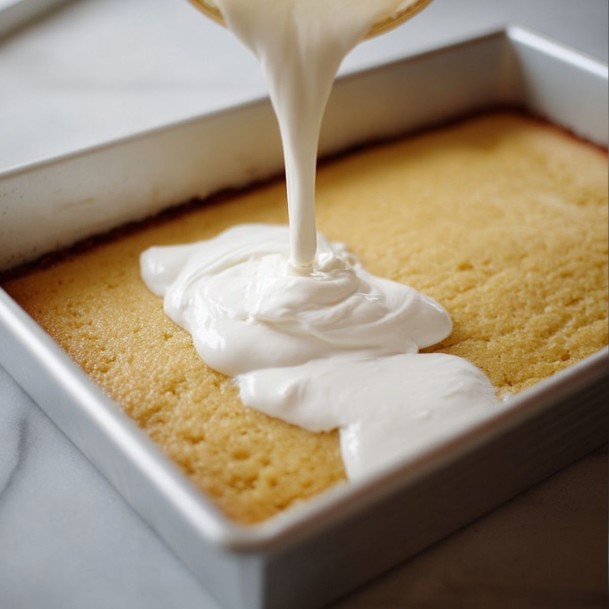 Healthy Lemon Buttermilk Cake Recipe 13 A rectangular baking pan with a golden cake layer, and creamy white frosting being poured on top.