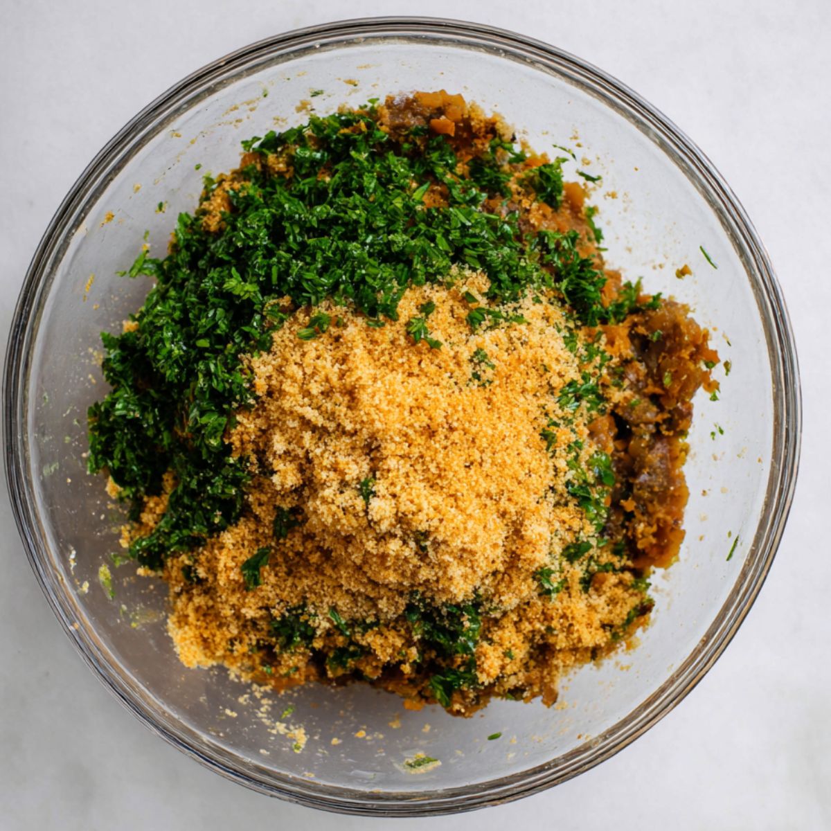 Delicious Lentil Patties Recipe 11 A glass bowl with a mixture of mashed lentils, breadcrumbs, and chopped fresh herbs, ready to be formed into patties.