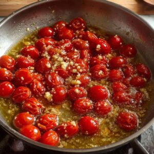 Best Mediterranean Cod Recipe 15 Halved cherry tomatoes simmering in a shallow pan with oil and minced garlic, starting to release their juices and soften.